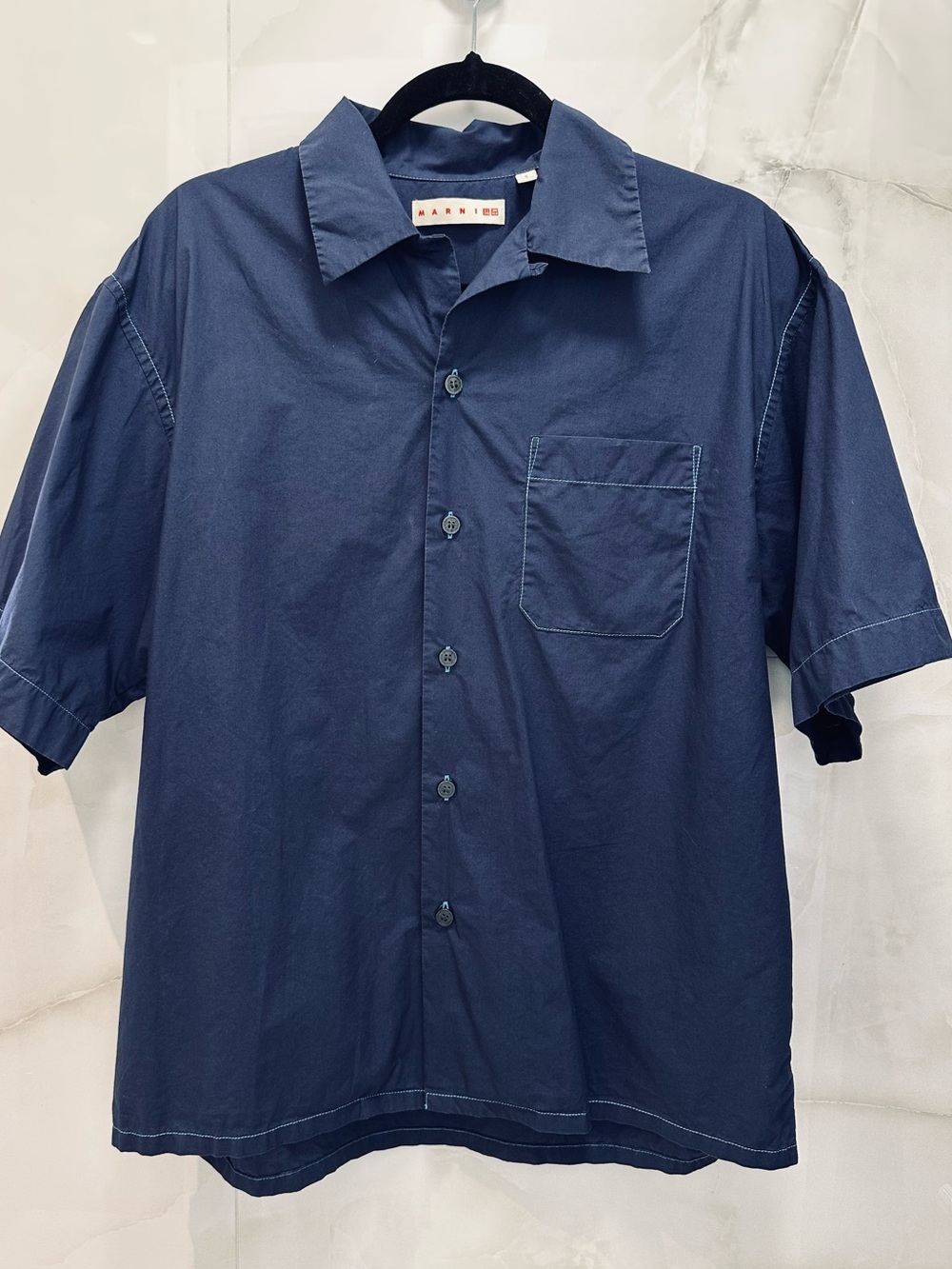 Marni x Uniqlo Men’s Oversized Navy Blue Short-Sleeve Open Collar Shirt Size S